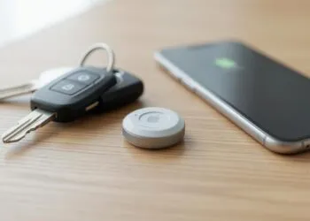 AirTag de Apple junto a llaves y smartphone