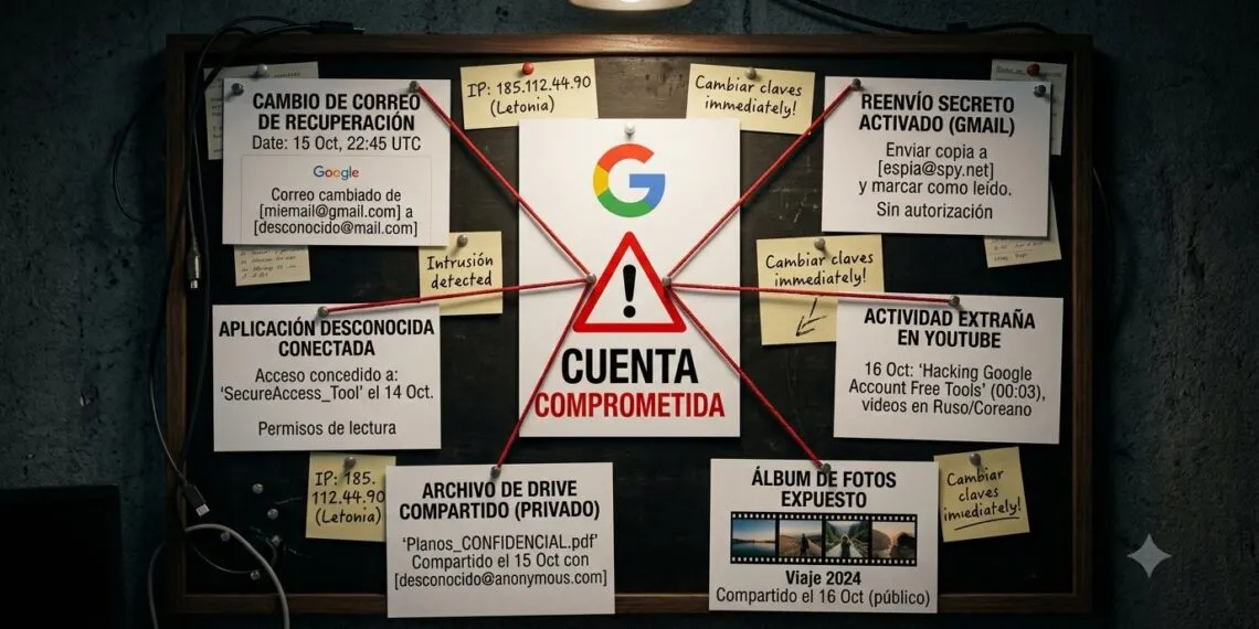 Tablero de investigación con señales de una cuenta de Google comprometida