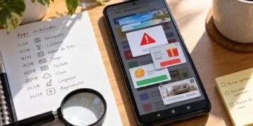 Celular Android cubierto por anuncios emergentes mientras se revisa una lista de aplicaciones instaladas