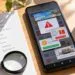 Celular Android cubierto por anuncios emergentes mientras se revisa una lista de aplicaciones instaladas