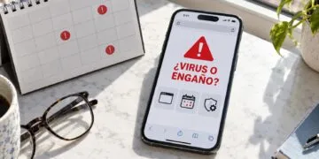 iPhone mostrando una falsa alerta de virus junto a un calendario con eventos sospechosos